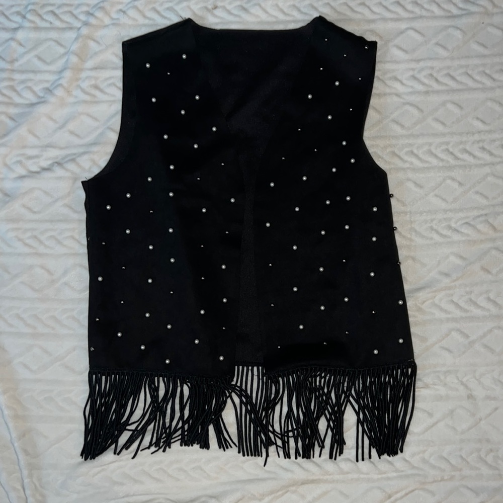 Black suede vest with white/gray pearls and fringe